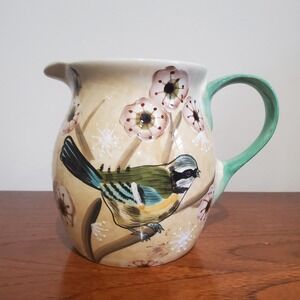 Vintage Blue Sky Ceramic Water Pitcher with Bird & Floral Design 6" Tall, China